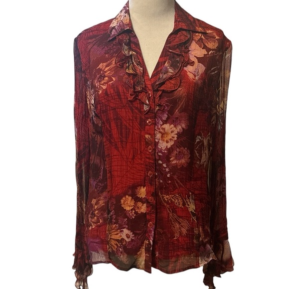 Coldwater Creek floral print blouse with ruffle detail at neck and sleeve - Picture 1 of 12